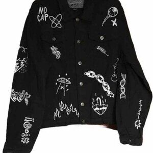 BROOKLYN Denim Trucker Jacket Men's Medium NYC Graffiti Black Jean Jacket